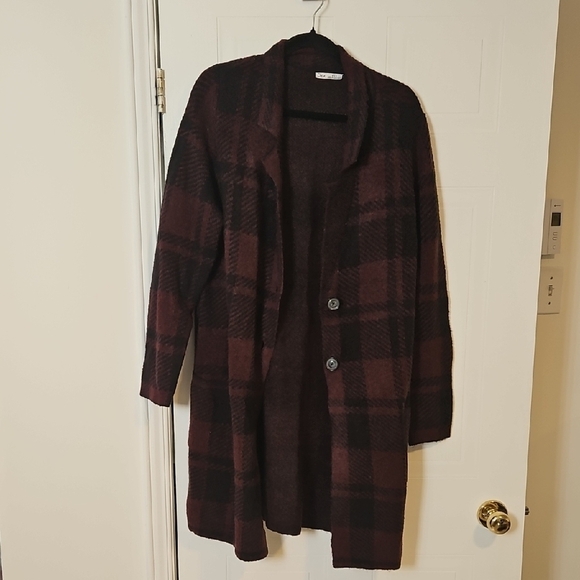 Dex Sweaters - Dex Sweater Womens Large Red black Plaid Open Front Long Line Cardigan buttons